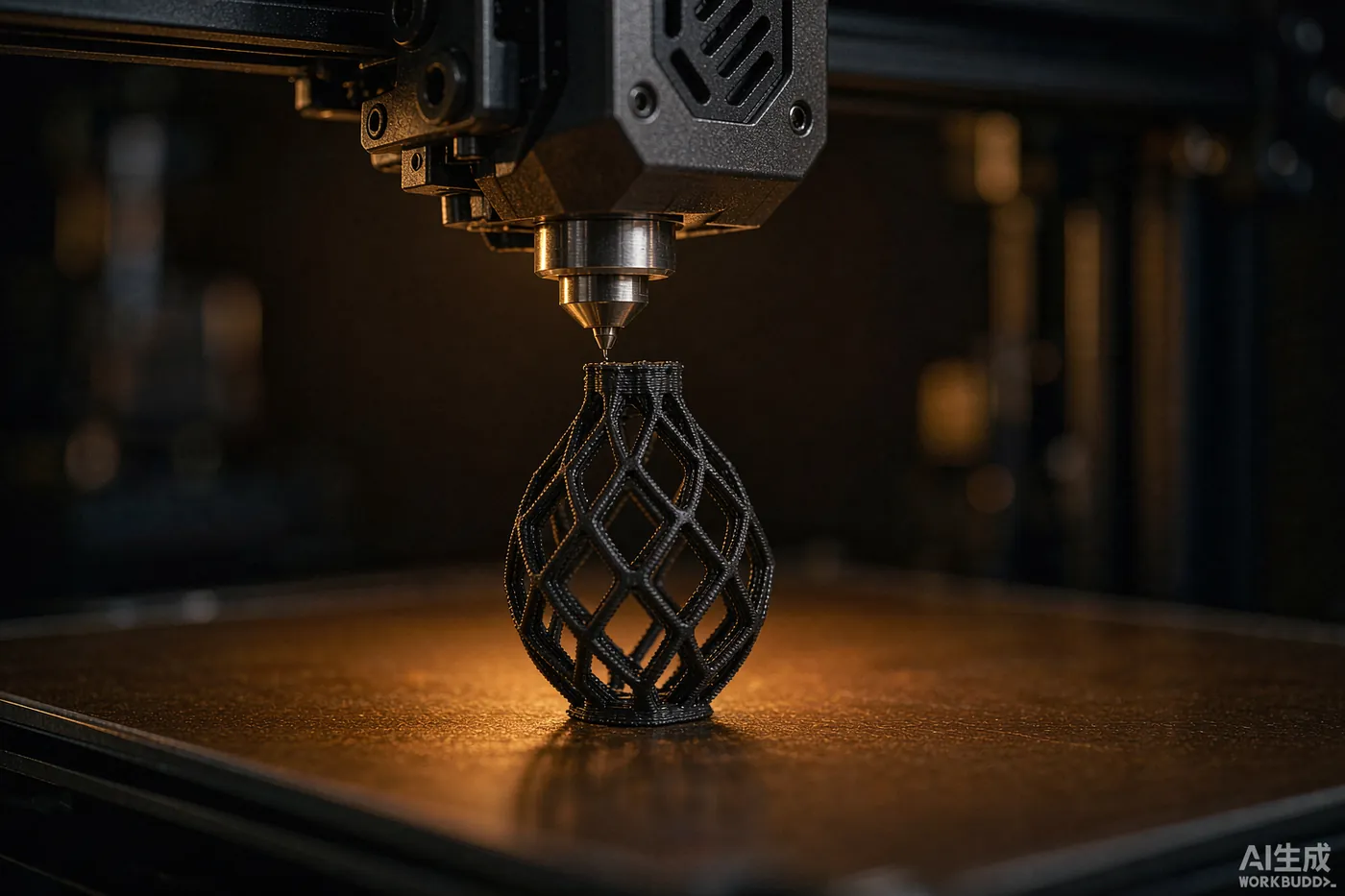 A 3D printer printing a lattice jewellery piece in black nylon